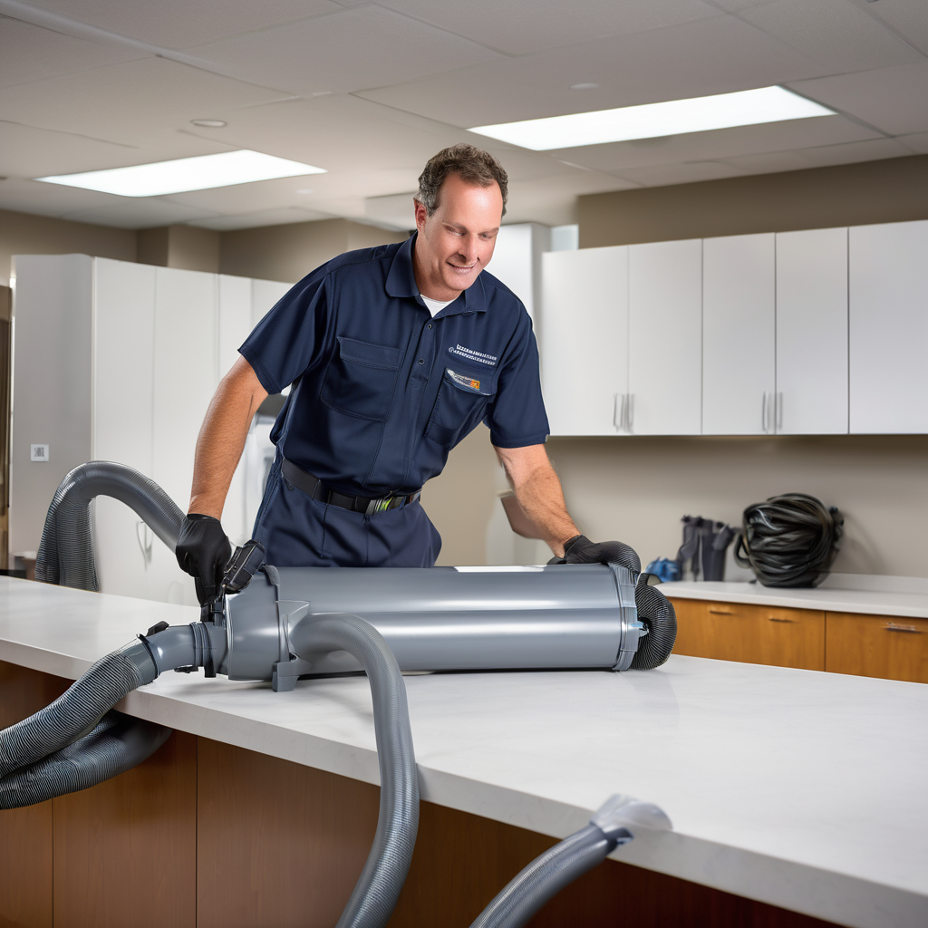 Expert central vacuum system professional technician at work with vacuum installation specialist